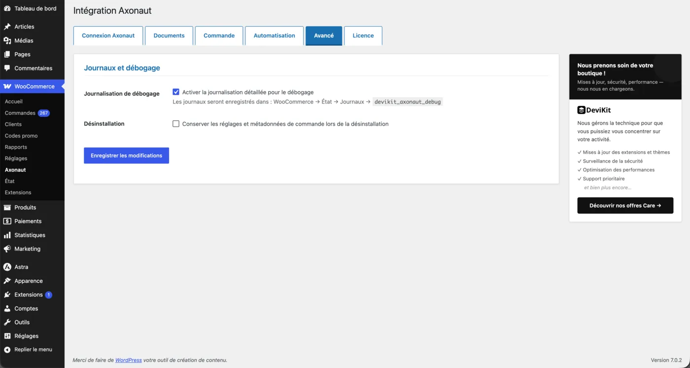 Onglet Avancé : journalisation détaillée pour le débogage et conservation des réglages à la désinstallation