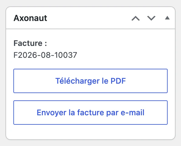 Bloc Axonaut dans la commande WooCommerce : facture créée avec son numéro, boutons Télécharger le PDF et Envoyer la facture par e-mail